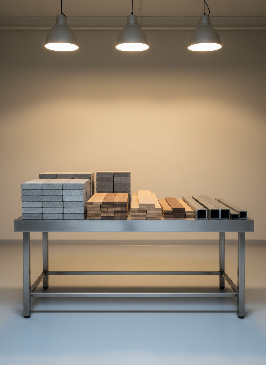 A neat palette of premium building materials, including smooth concrete pavers, precision-cut lumber, and polished steel beams, arranged elegantly atop a brushed steel worktable. The setting is an indoor storage bay with seamless grey flooring and pale, neutral-toned walls. Focused pendant lighting from above creates crisp highlights and soft gradients, accentuating the quality and textures of each material. The composition follows a minimalist, eye-level approach with clean, balanced framing. The overall mood is calm, organized, and conscientious, capturing the essence of quality and reliability central to premium construction services, presented in a photographic, corporate aesthetic.