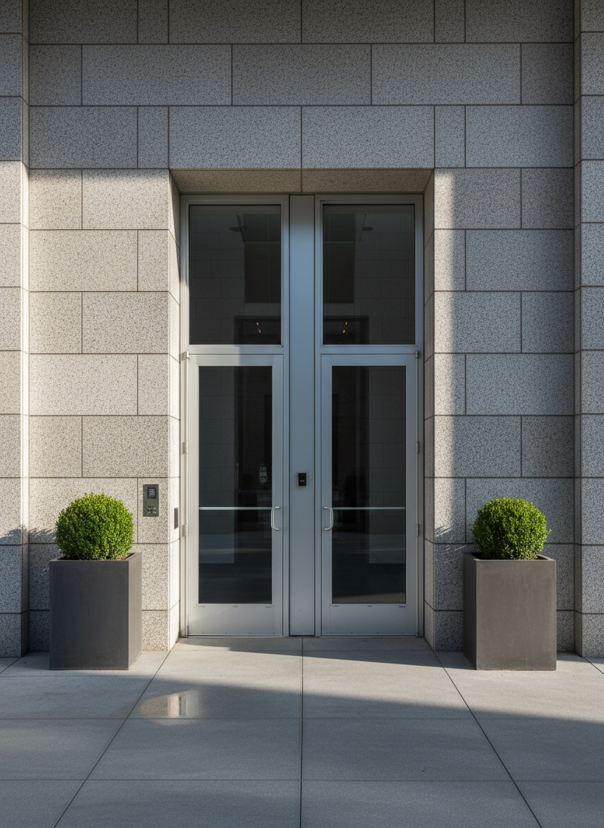 A detailed close-up of a completed commercial building entrance featuring precision-laid stonework, smooth matte aluminum framing, and expansive, spotless glass doors. The entrance is flanked by minimalist planters with sculpted greenery, all placed on a polished, slate-grey walkway. Morning sunlight streams in at a low angle, creating gentle highlights on the metal surfaces and soft shadows among the stones. The image is captured from a straight-on, eye-level position to emphasize symmetry and structure. The scene feels inviting and contemporary, reflecting professionalism and a commitment to craftsmanship, anchored by a clean, photographic realism that aligns with a business-focused aesthetic.