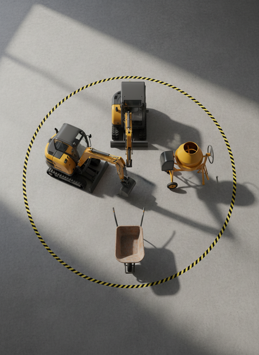A meticulously organized assortment of construction equipment including a compact excavator, cement mixer, and sturdy wheelbarrow, each displaying sleek modern designs in muted tones of grey and yellow. Positioned on a freshly swept concrete slab, the tools radiate outward in a deliberate semi-circle, bordered by crisp lines of yellow safety tape. Soft studio lighting highlights the textures of rubber, steel, and fresh concrete, casting subtle, inviting shadows. The composition is photographed from directly overhead, creating a sense of structured order and clarity. The mood is efficient and purposeful, emblematic of dependable workmanship and attention to detail, with a photographic realism that communicates trustworthiness and professionalism.