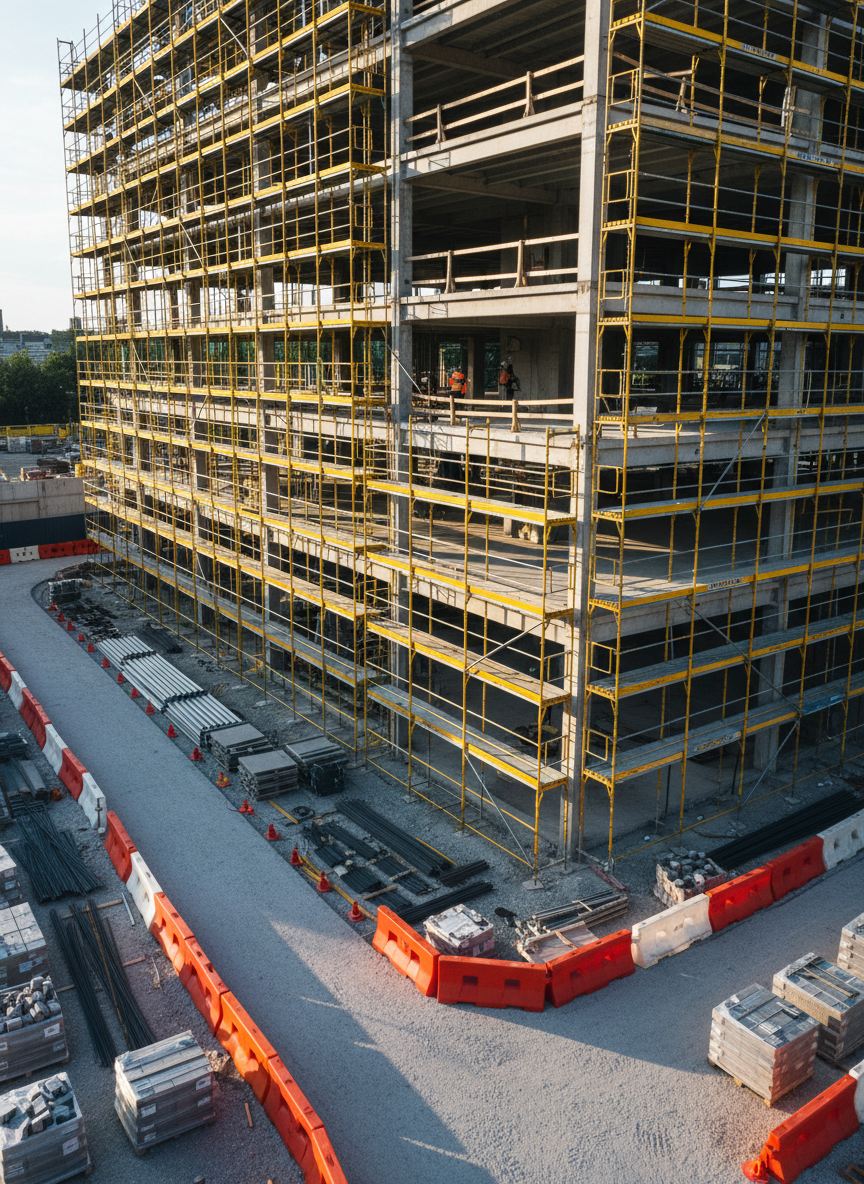 A gleaming steel and concrete office building under construction, framed by sturdy yellow scaffolding and neat stacks of building materials. The scene is set on a clean, well-organized construction site enclosed by smooth gravel pathways with bright orange safety barriers marking clear boundaries. Late afternoon sunlight bathes the area, casting crisp shadows and accentuating the sharp lines and neutral grey tones of the structure. The photograph is shot from a slightly elevated angle, using a balanced composition with clean lines and a clear sense of order. The mood is industrious yet calm, spotlighting professionalism and progress, with a clean, modern photographic realism suited for a business-focused construction company.